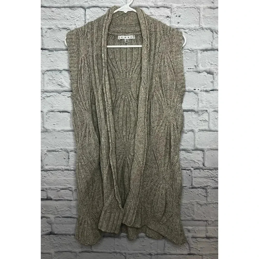 Cabi Womens Vest Long Cable Knit Beige Cotton Wool Yak Blend XS.